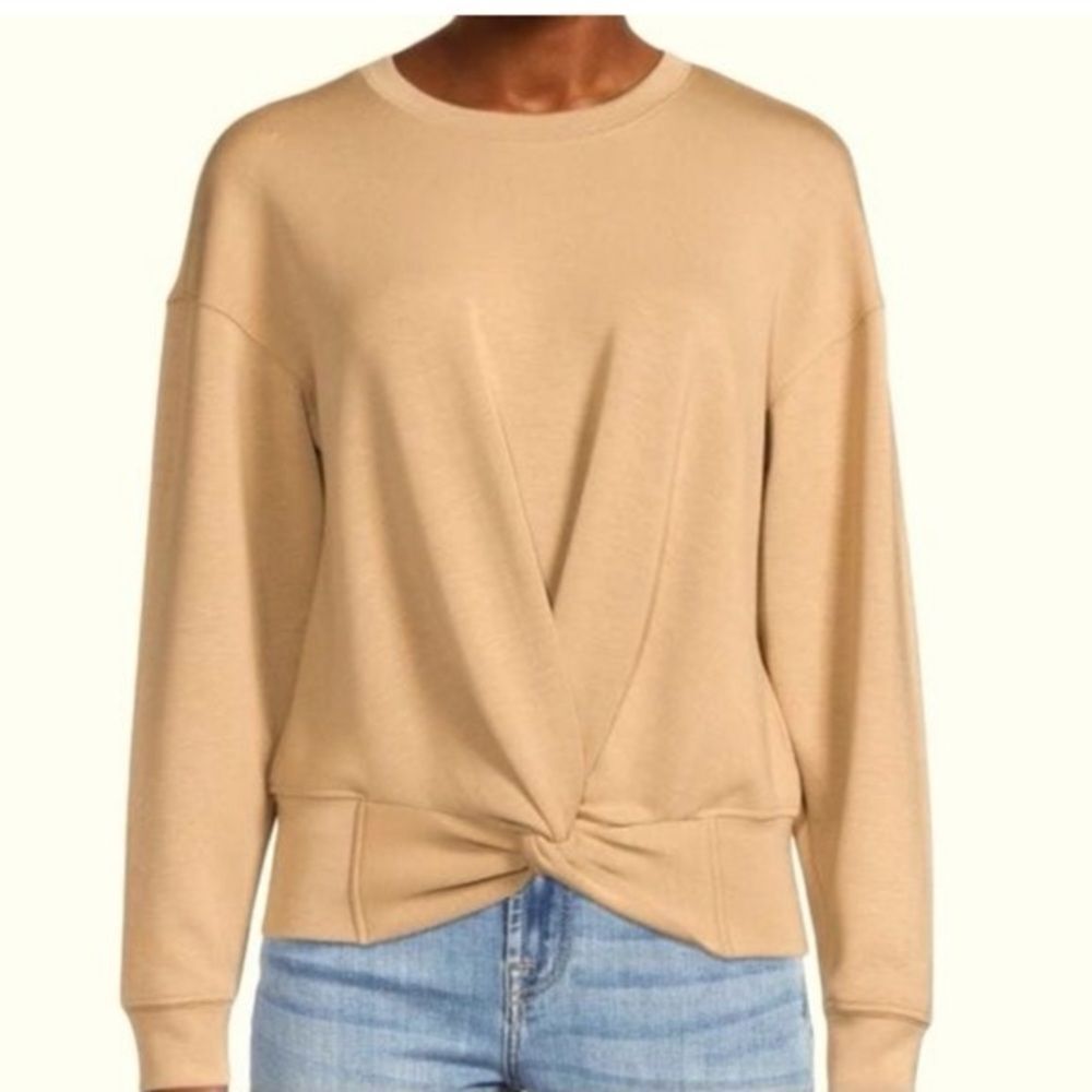 Magaschoni Beige Scuba Twist Front Crewneck Top Sweatshirt